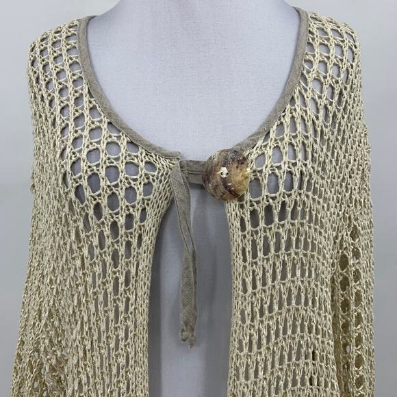Zele Cardigan Womens M Medium Cream Flax Linen Open Knit Shell Button Pockets - Picture 3 of 11